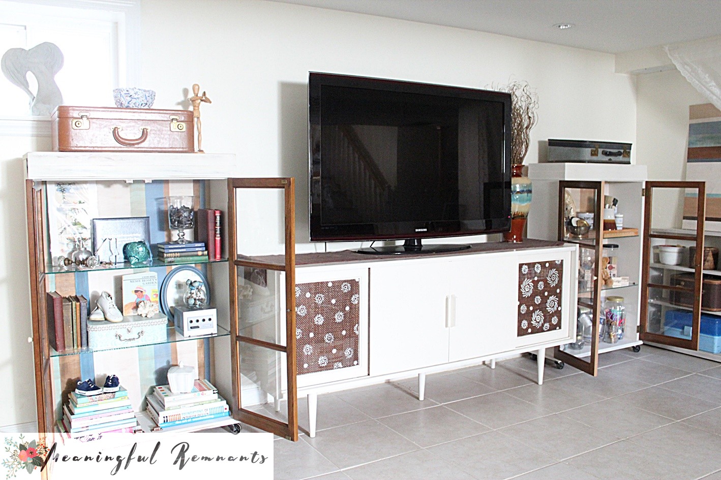 media cabinet flanked cabinets
